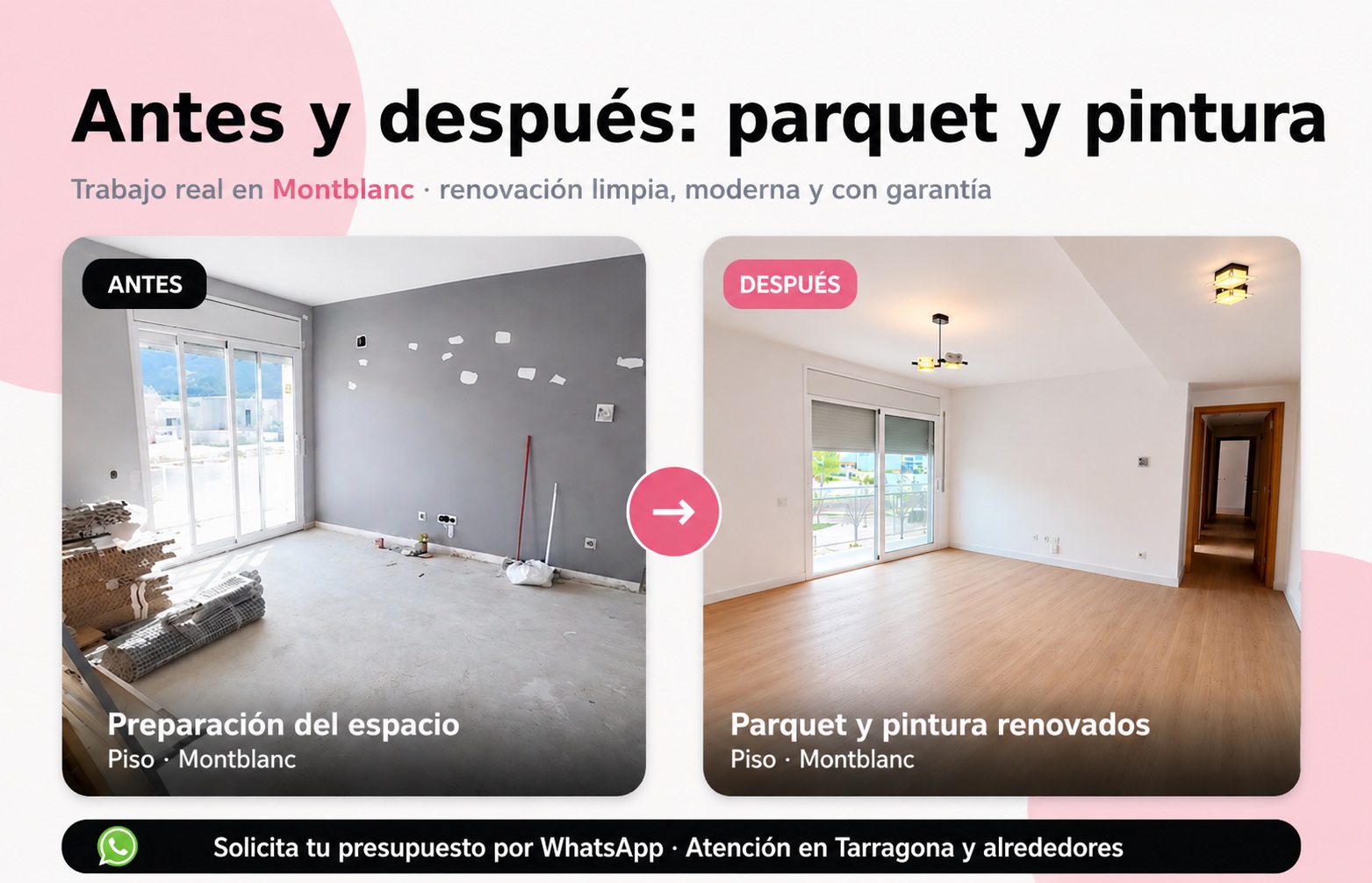Antes y después piso parquet y pintura en Montblanc